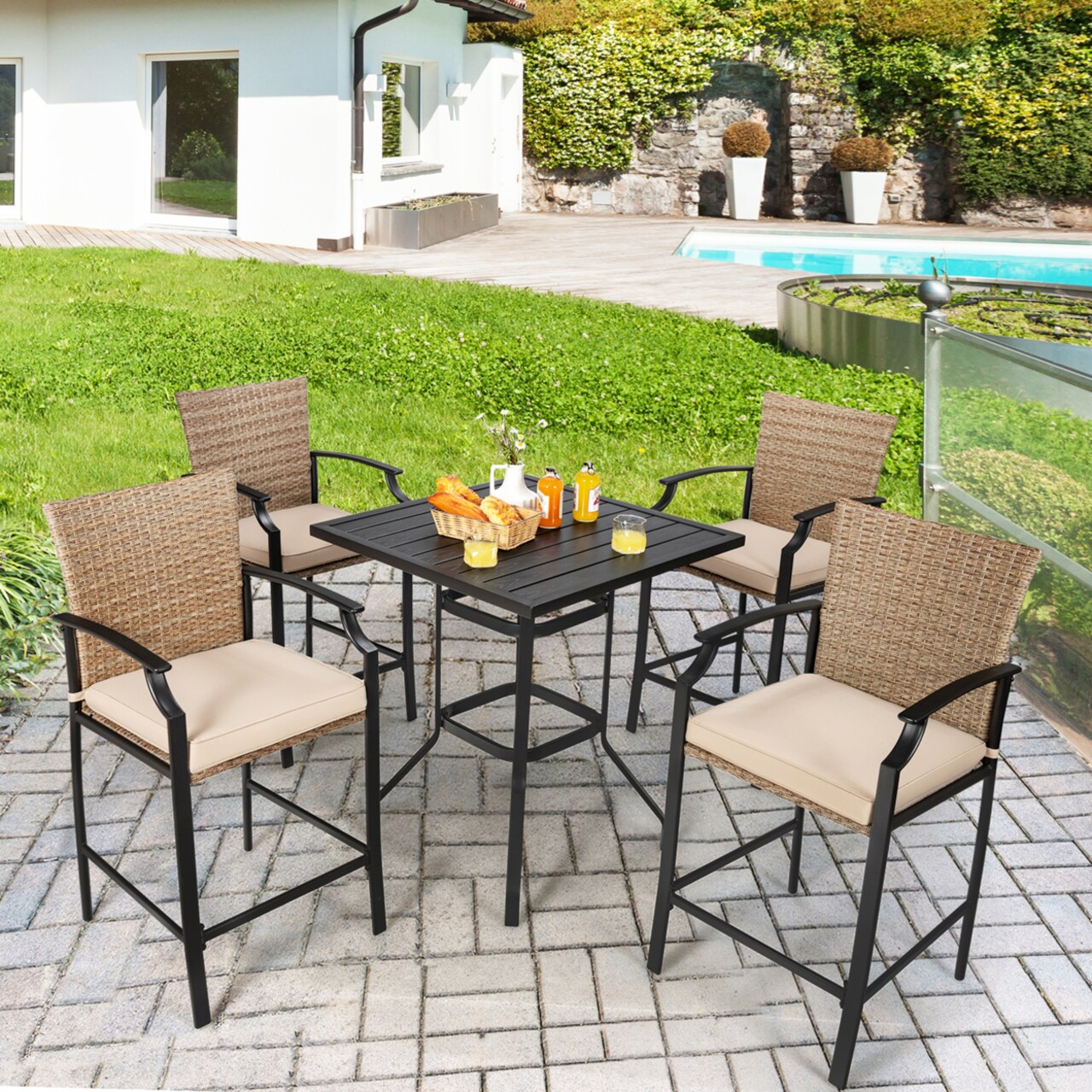 Gymax 5PCS Patio Bar Stool Table Set Outdoor Bistro Furniture Set w Cushions